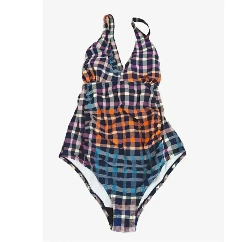 Motherhood Maternity Mommy One Piece Plaid Multicolor Swimming Suit Sz S